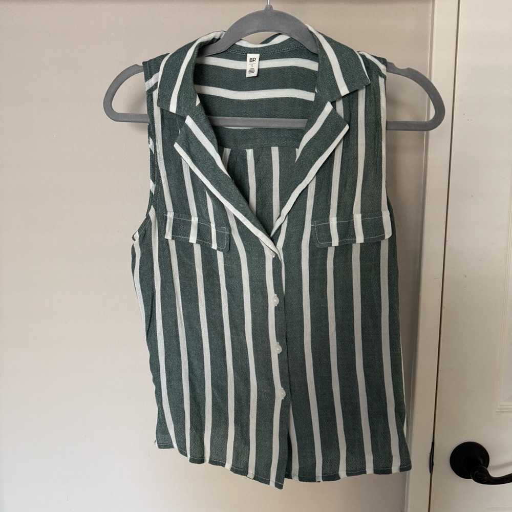 BP Green and White Striped Button Down Sleeveless Shirt